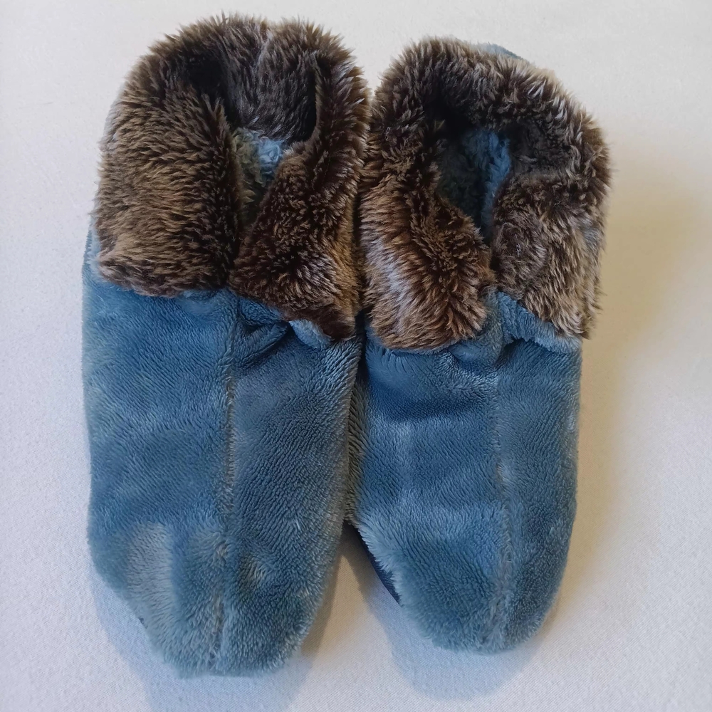 Soft Blue And Brown Fleece Women's House Shoes Slippers with Faux Fur